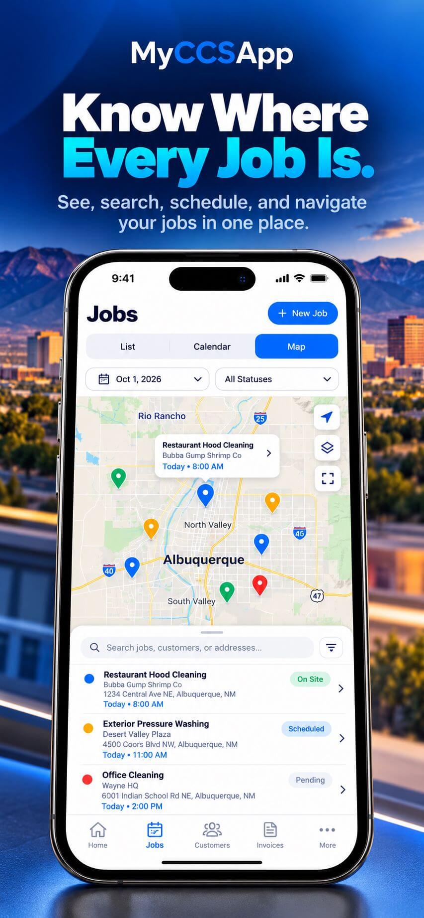 MyCCSApp Jobs at a Glance interface showing service jobs, schedules, and job details for business teams.