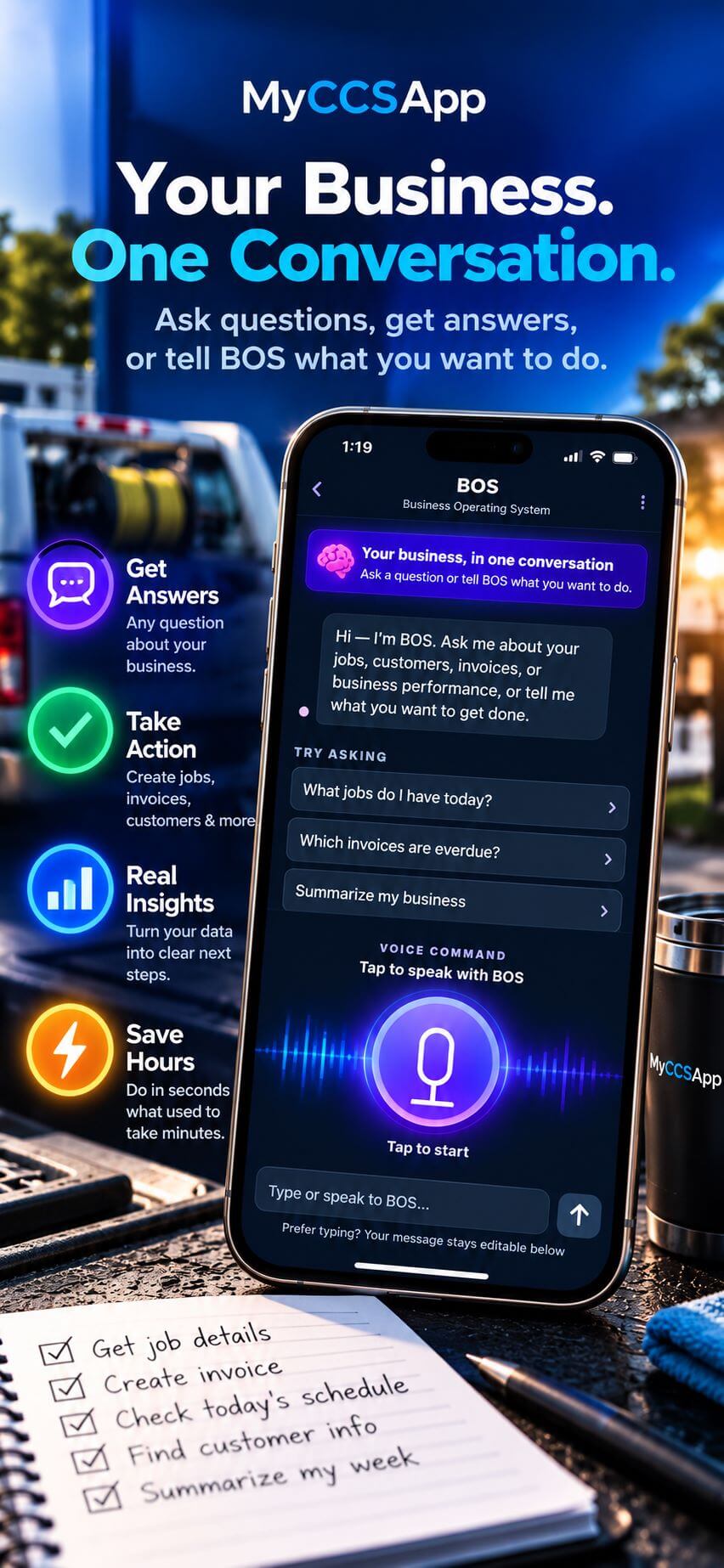 MyCCSApp AI assistant bringing business operations together in one conversation, including BOS operating system, AI Voice commands, receipt scanning, and daily business insights.