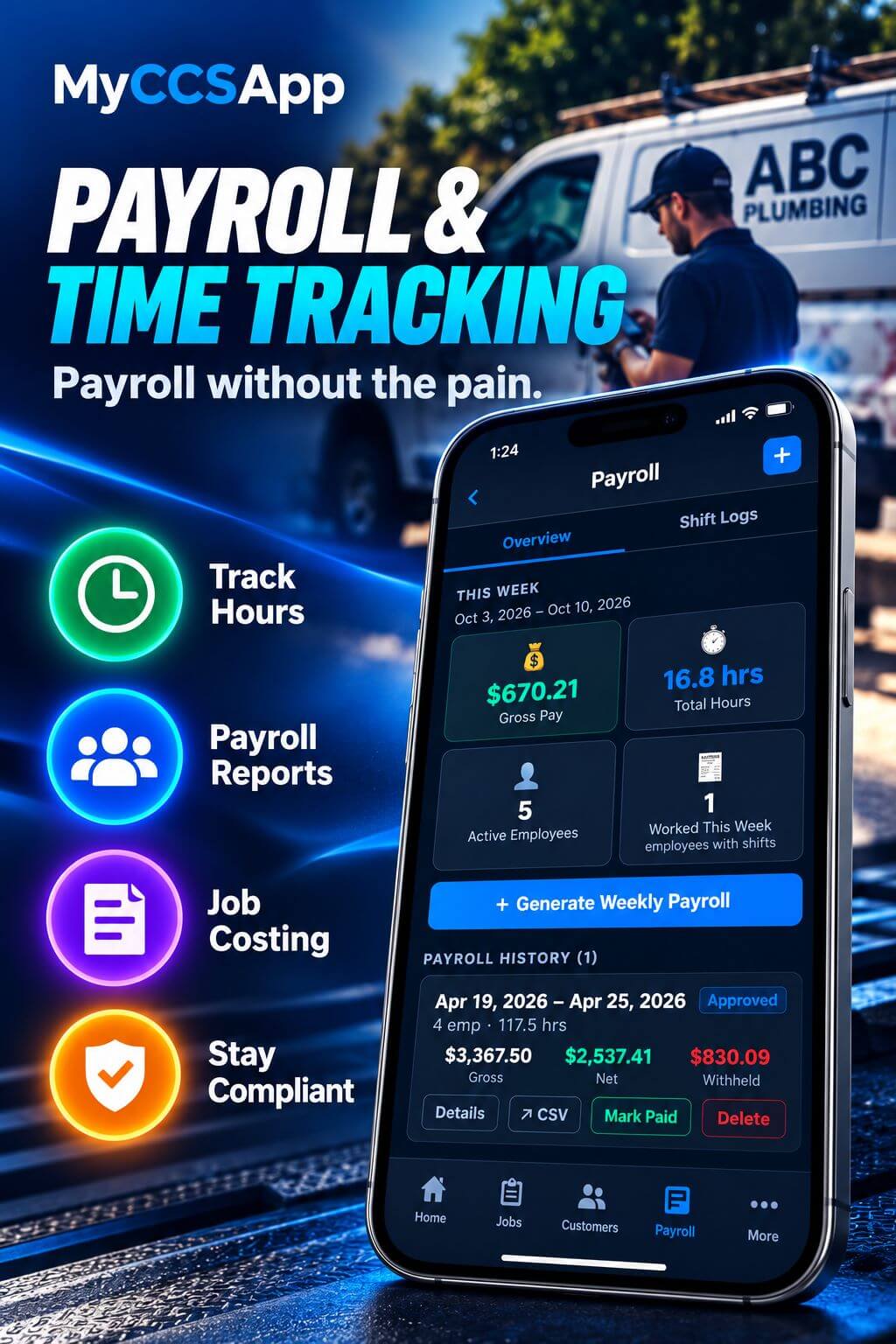 MyCCSApp Payroll and Time Tracking dashboard showing weekly pay, employee hours, payroll history, and payroll reporting.